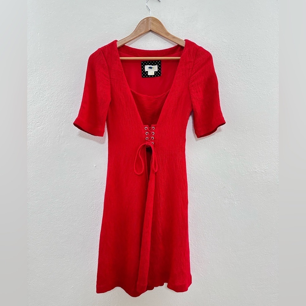Anthropologie A-Line Short Sleeve Lace Up Mini Dress in Red